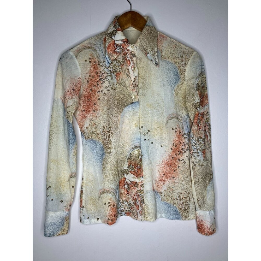 Vintage 70's Women's Small Dove Stars Disco Collar Button Blouse